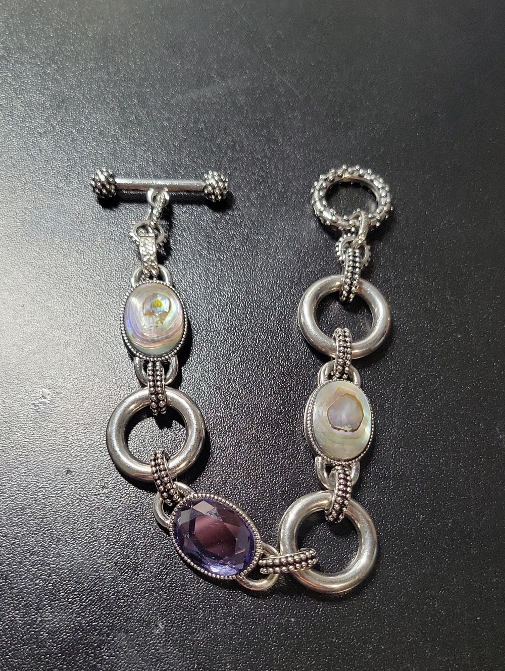 Silver Tone Link Bracelet with Lavender Gem and Mother-of-Pearl Accents